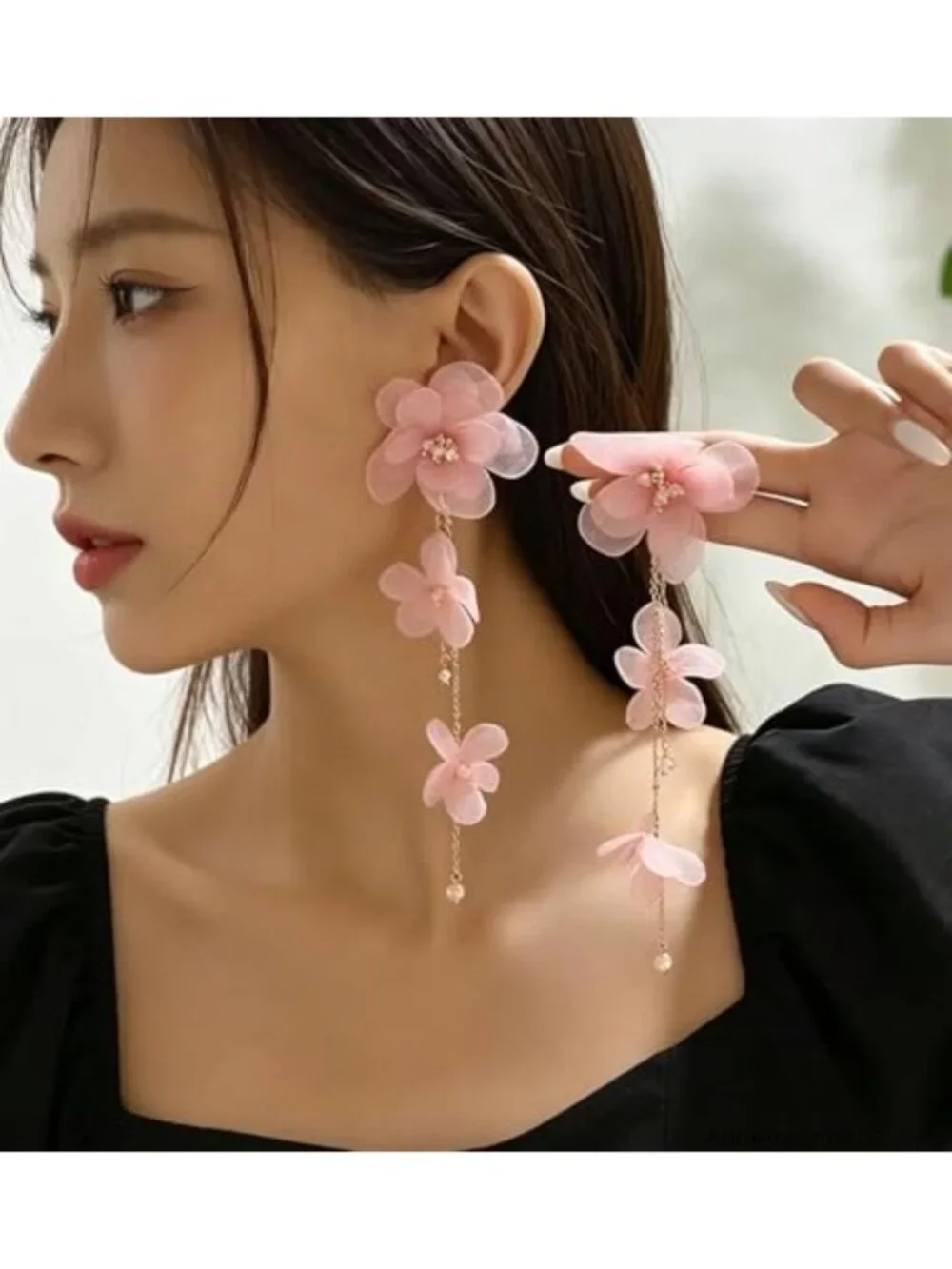 Pink Flower Tassel Earrings, Long Chain Dangle Drop, Boho Statement Jewelry for